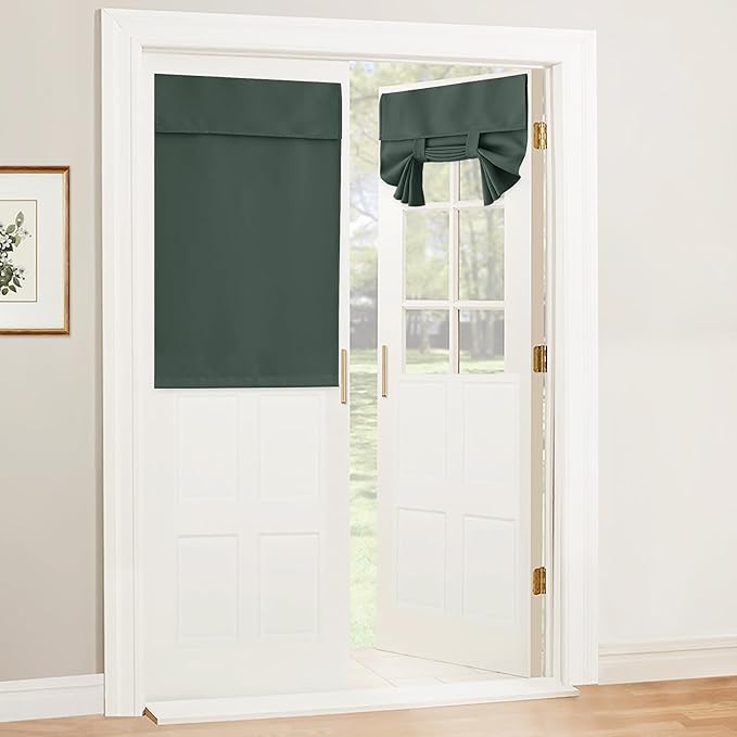 RYB HOME French Door Curtain - Privacy Blackout Door Shades Self Sticky Thermal Insulated Vertical Blinds Tricia Drapery for Sidelight Curtain, W26 x L40 inch, 1 Panel, Dark Green
