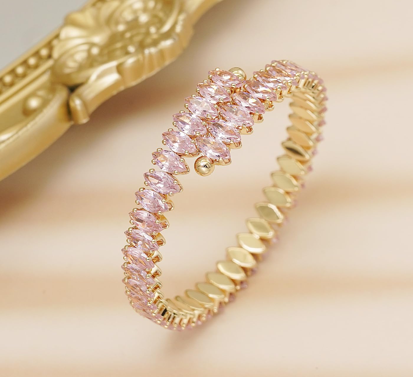 Wovanoo Rhinestone Cuff Bracelet Cubic Zirconia Tennis Bracelets Open Adjustable Bangle for Women Gold Pink