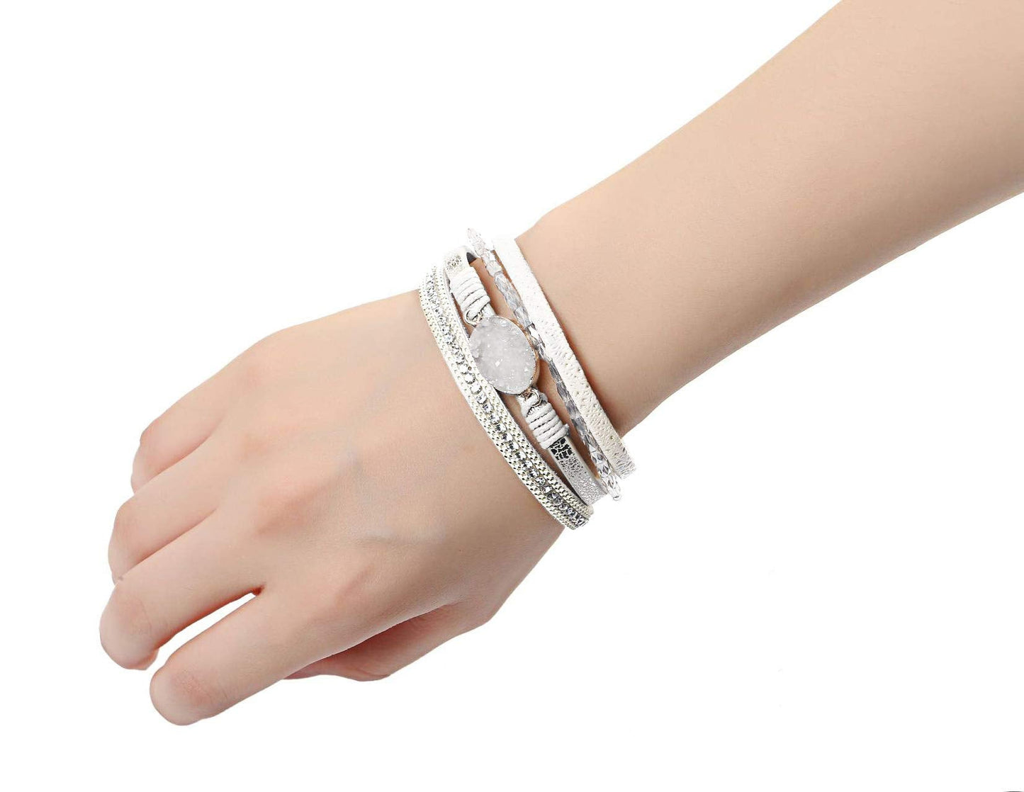 Fesciory Leopard Bracelet for Women, Boho Leather Wrap Multi-Layer Pearl Crystal Bracelet Bangle Jewelry(White Stone(Short))