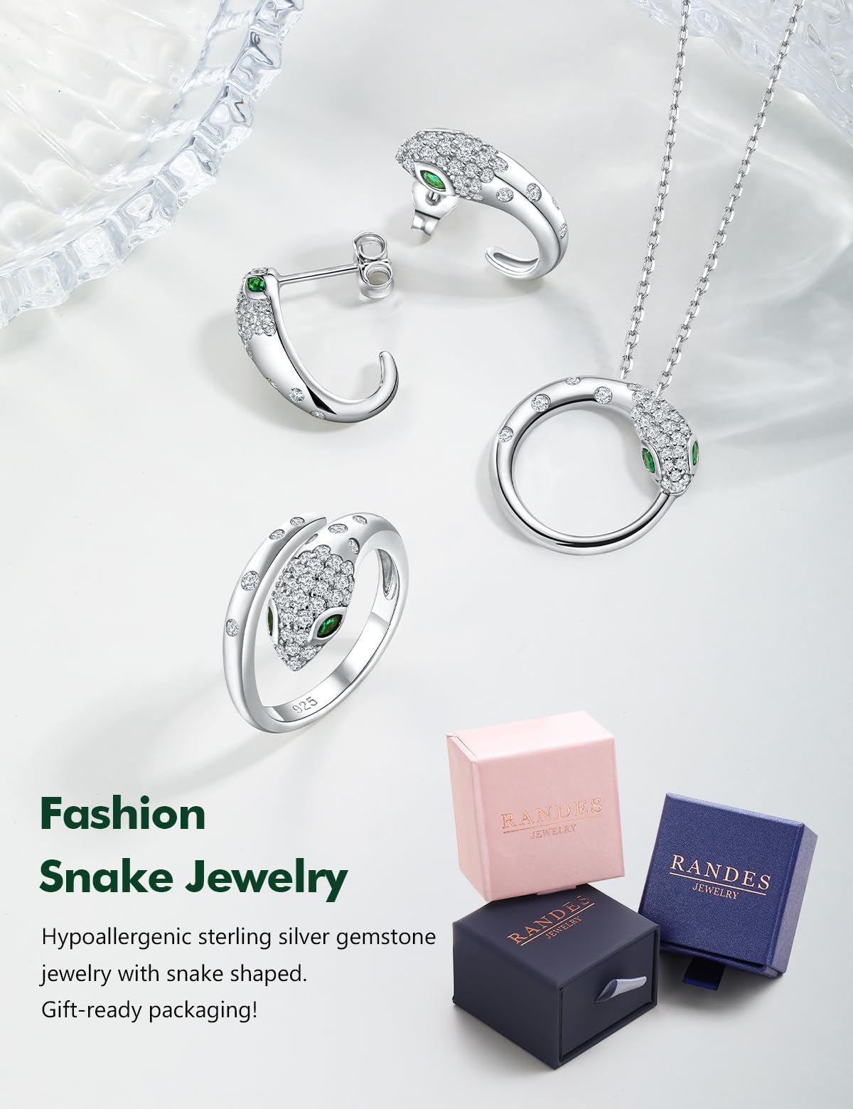 RANDES Fashion Snake Statement Ring 925 Sterling Silver Cocktail Punk Jewelry Adjustable Created Diamond Emerald Green Stone Snake Rings Size 6
