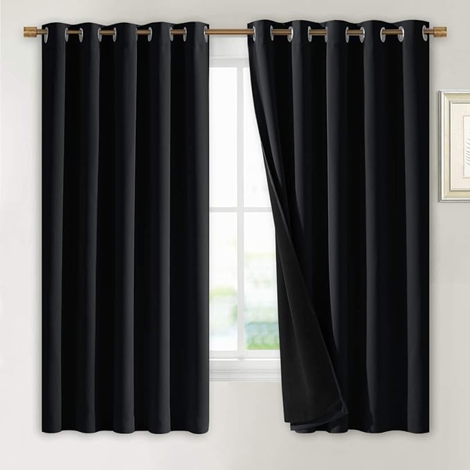 NICETOWN Complete 100% Blackout Curtains, Thermal Insulated & Energy Efficiency Window Draperies with Black Liner, Noise Reducing Short Curtains for Kids Room (Black, 70-inch W by 63-inch L, 2 Panels)
