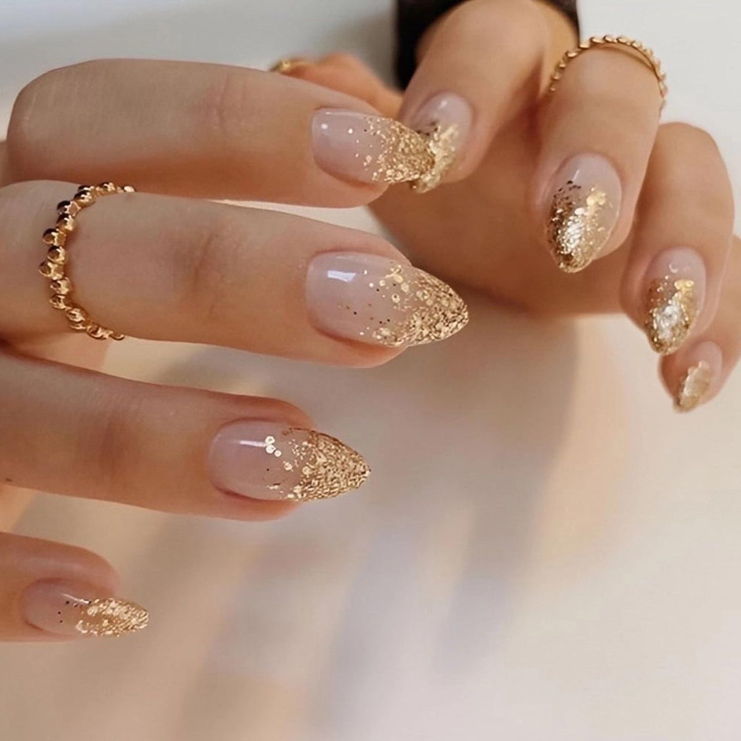 MISUD Press on Nails - Short Almond Fake Nails with Nude Pink, Acrylic Bling Gold Glitter Design 30 pcs