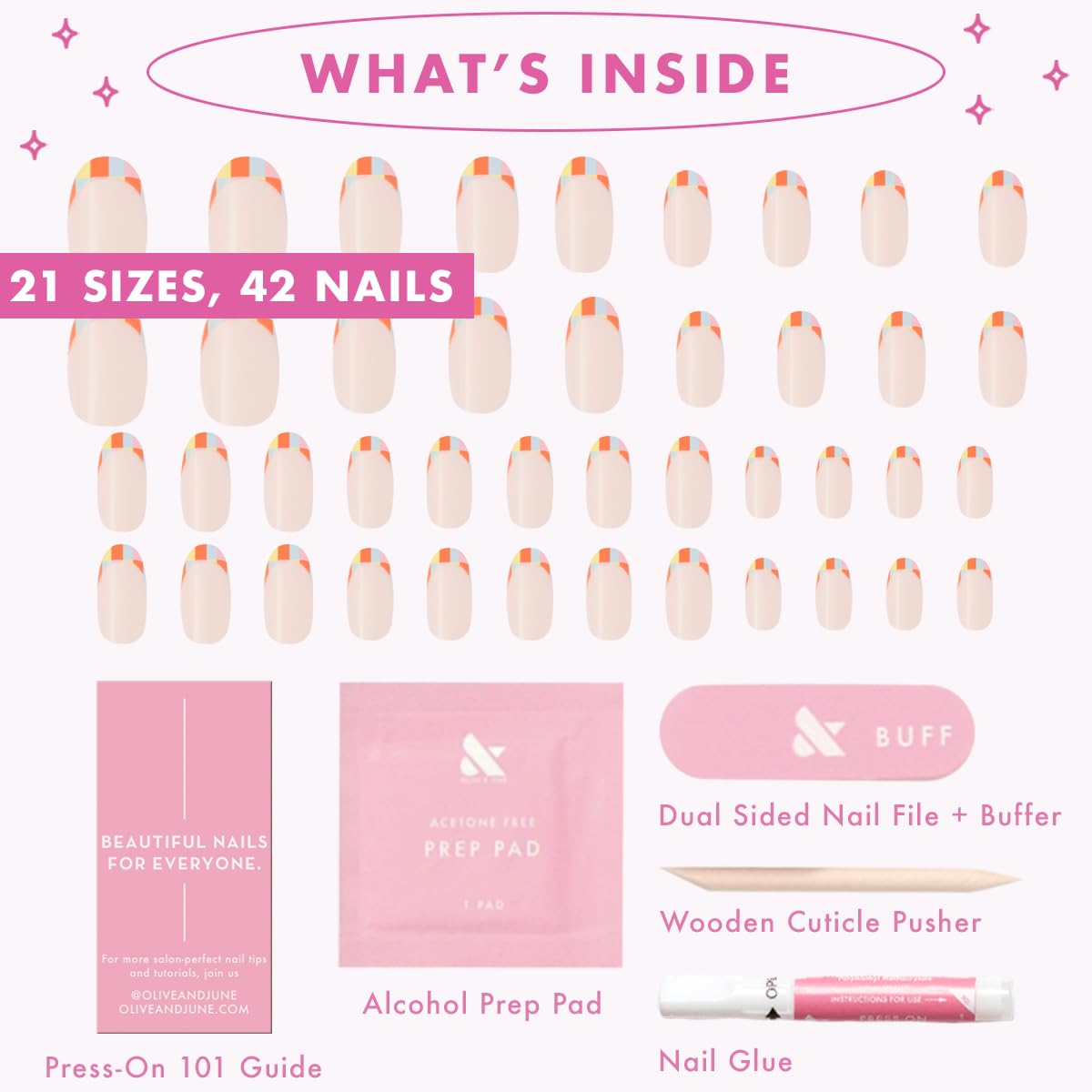Olive & June Maximalist Instant Mani Press-On Nails (Glue) | 42 Fake Nails, 21 Sizes | Non-Toxic, Long-Lasting Big, Bold Gorgeous Realistic Look | Salon-Quality at Home | Medium, Oval | Parade French