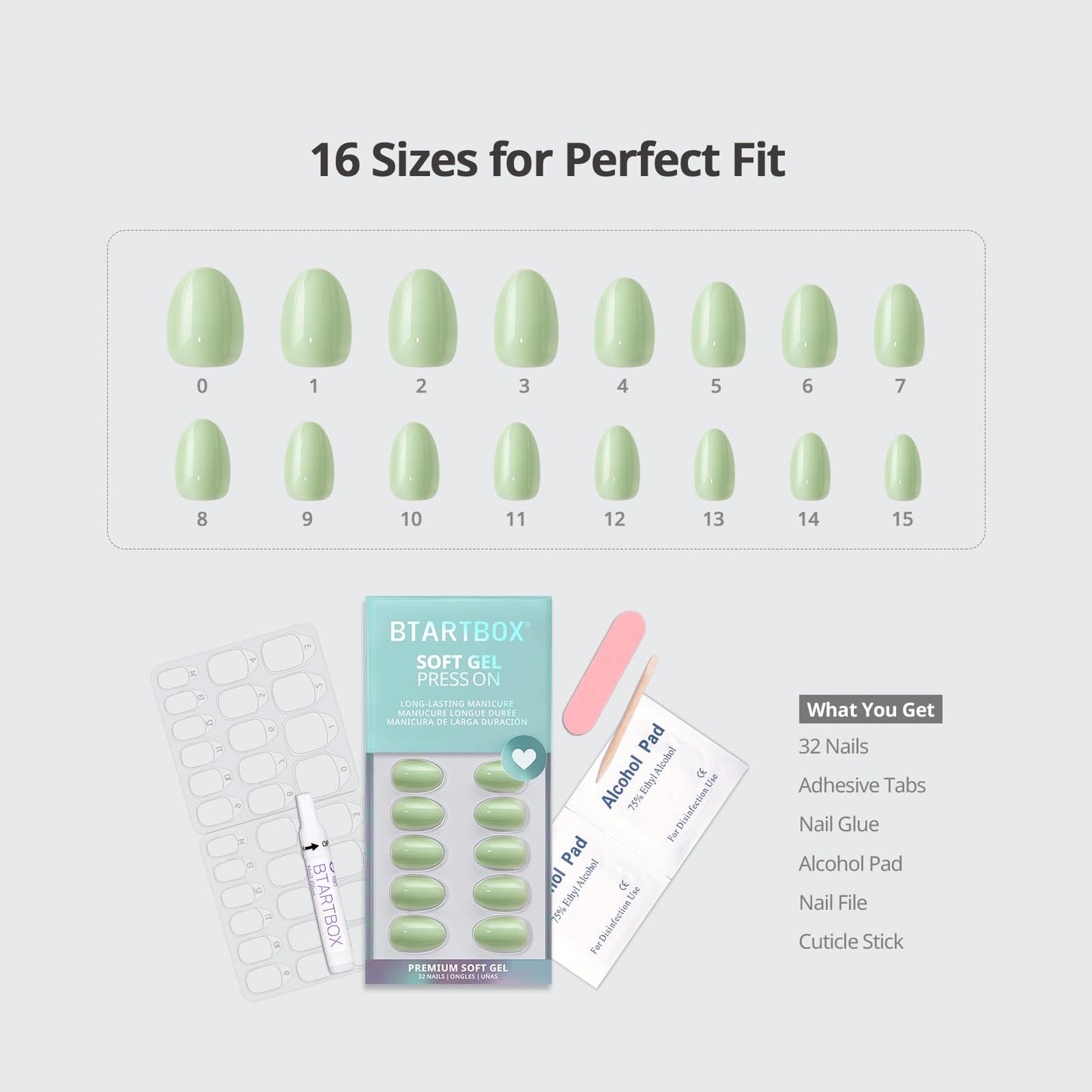 BTArtbox Press On Nails Almond - Garden Weekend, Easy-to-Apply Pastel Green Extra Short Press On Nails with Glue and Adhesive Tabs in 16 Sizes - 32 Nails All-in-One Kit
