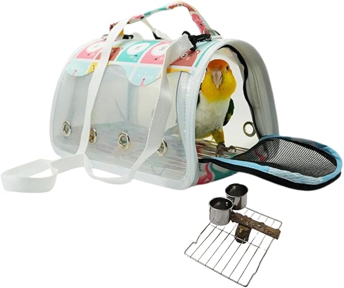 Bird Carrier Bag Bird Travel Cage with Indestructible Stainless Steel Mesh, Feeder Cups and Stand Perch, Portable Bird Travel Bag, Pet Transparent Breathable Travel Cage (Colorful,Small)