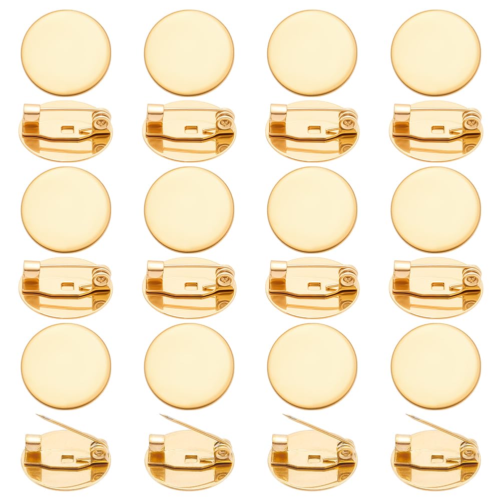 UNICRAFTALE 24Pcs 18K Gold Plated Flat Brooch Base Pad Trays 15mm Stainless Steel Brooch Clasps Pin Back Metal Safety Pin Disk Base Brooches Settings for Craft Jewelry Making Accessories