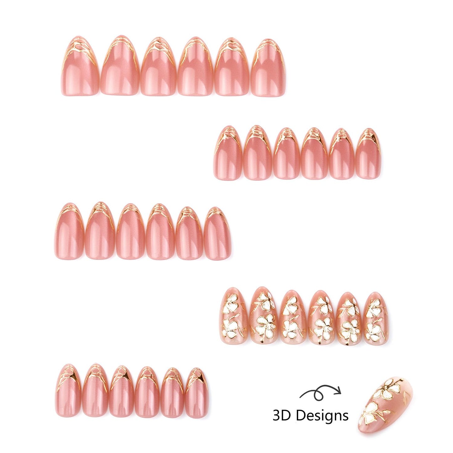 30Pcs Almond Press on Nails Pink Bling Fake Nails Gold French Tip Nails Press ons Spring Cherry Blossom 3D Flower False Nails Glossy Full Cover Stick on Nails Medium Acrylic Nails for Women