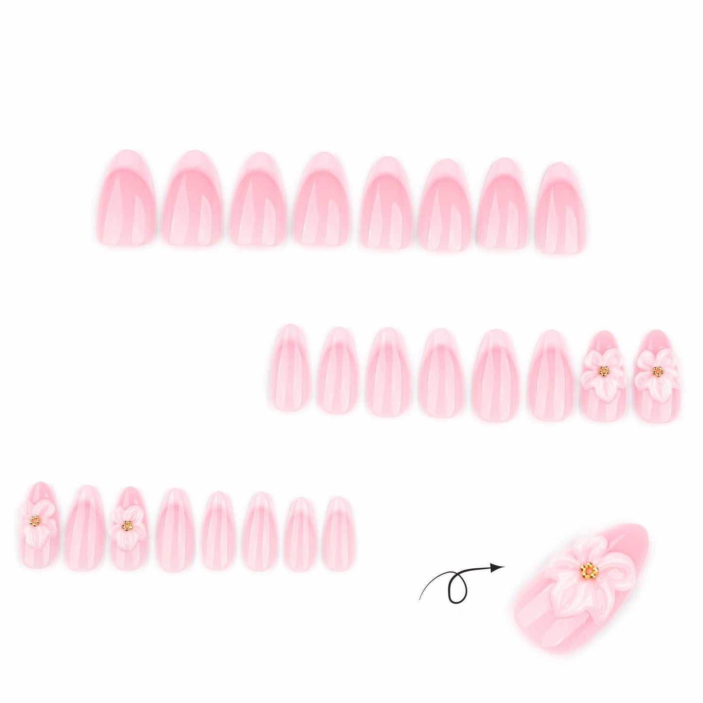 CTTHNBD Medium Press on Nails Almond - French Tip Fake Nails with 3D Flower Design - Glossy Stick on False Nails - for Women 24 Pcs