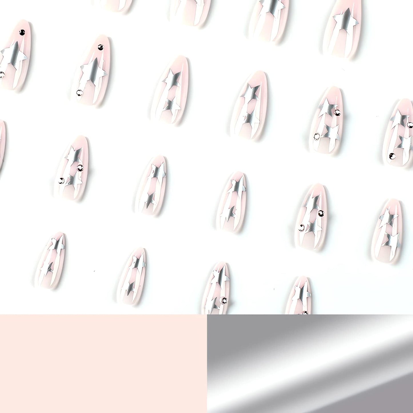 IMSOHOT Medium Almond Stiletto Press on Nails, Nude Silver Star Glossy Acrylic Nails for Women, 24PCS