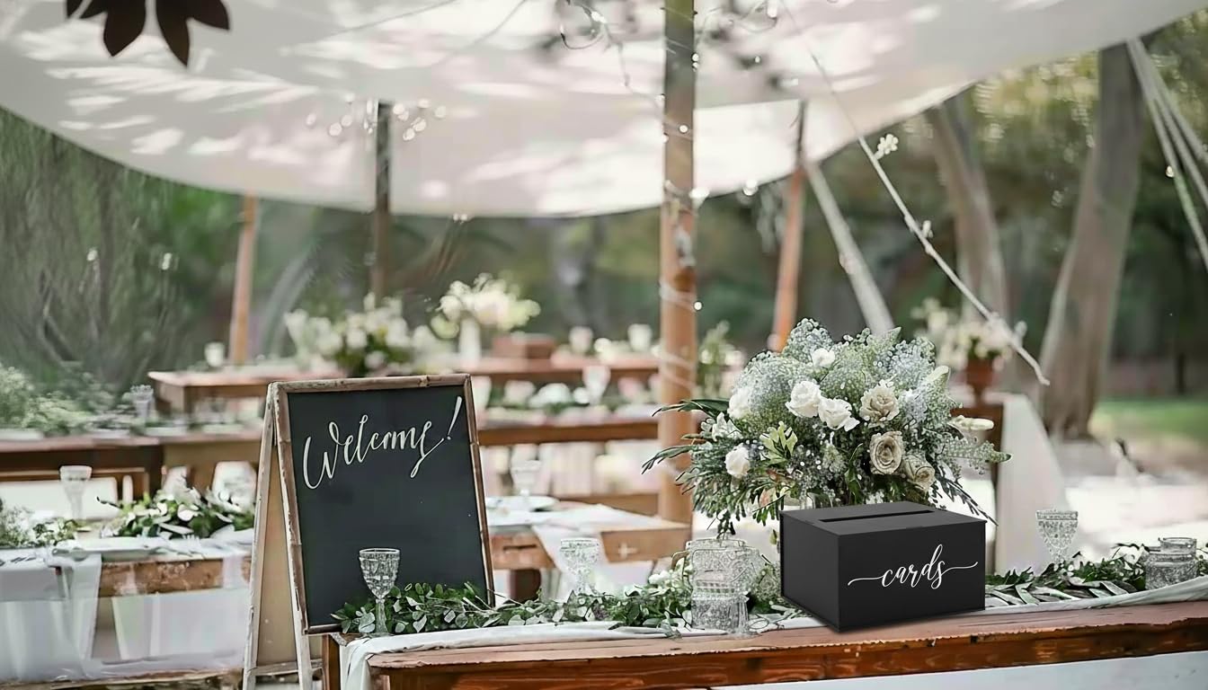 Heather & Willow Rustic Wooden Card Box with Lid | Wedding & Baby Shower Decoration - Black