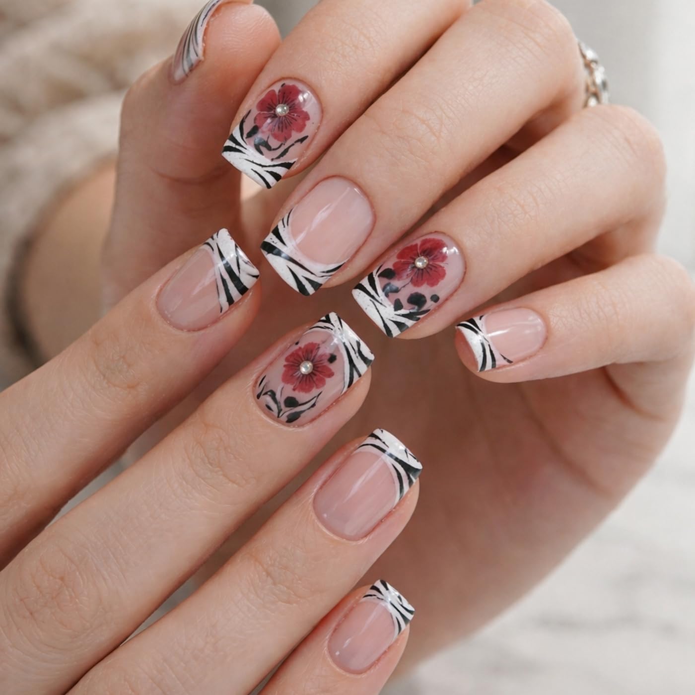 Goolich Zebra Print French Tip Press On Nails Short Square, Floral Nails Press ons Set with Adhesive Tabs, 24 Pcs 12 Size Reusable Full Cover Glue on Nails for Women