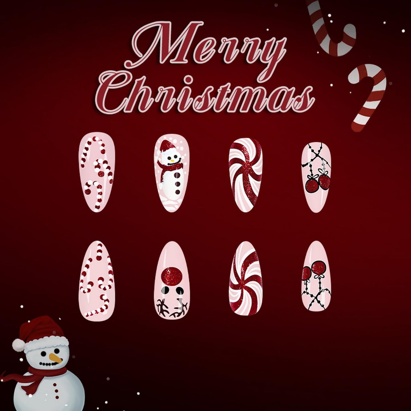Xmas Press on Nail Medium Length Fake Nails Full Cover Almond Shape Press ones with Deer Snowman Candy Cane designs Christmas Glue on Nails Glossy Red Cute Holiday False Nails for Women Holiday 24pcs