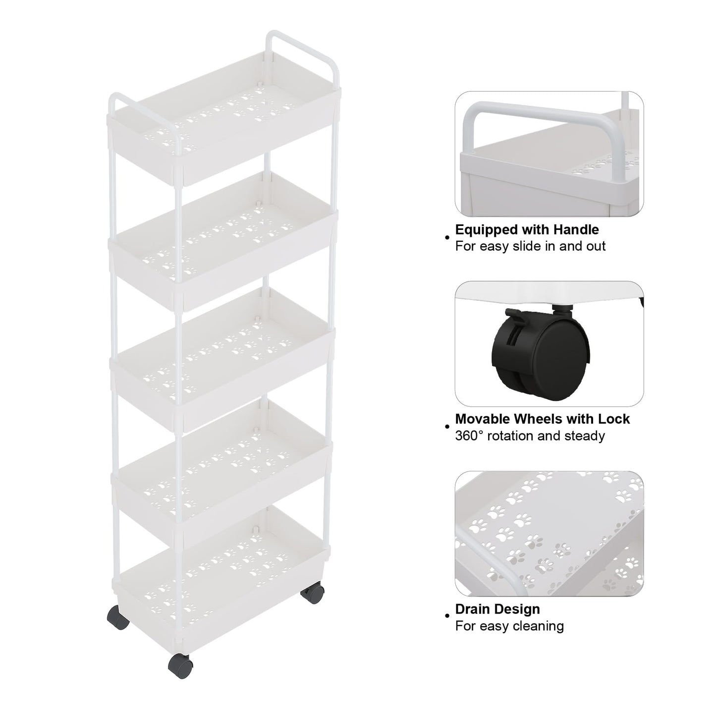 Buzowruil Rolling Storage Cart 5 Tier Organizer Mobile Shelving Unit Storage Rolling Utility Cart with Wheels for Kitchen Bathroom Laundry,White