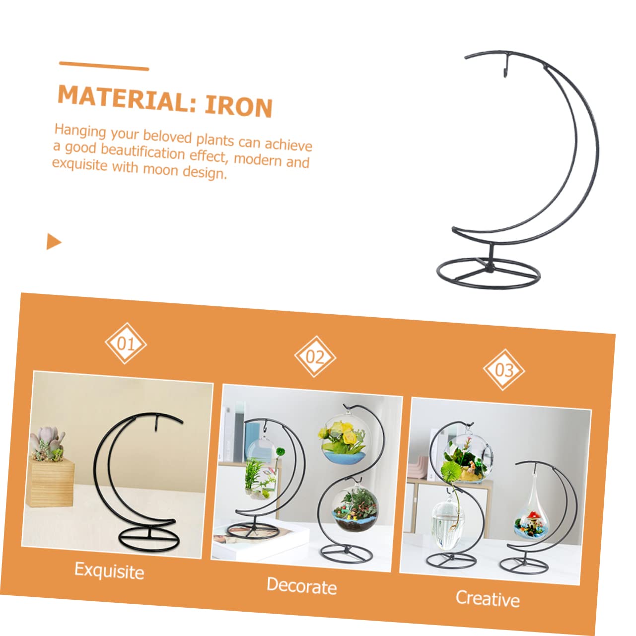 Cabilock Iron Half Moon Ornament Display Stand for Hanging Plants and Glass Terrariums Sturdy Decorative Rack for Home Office Party Compact Modern Design Organizer