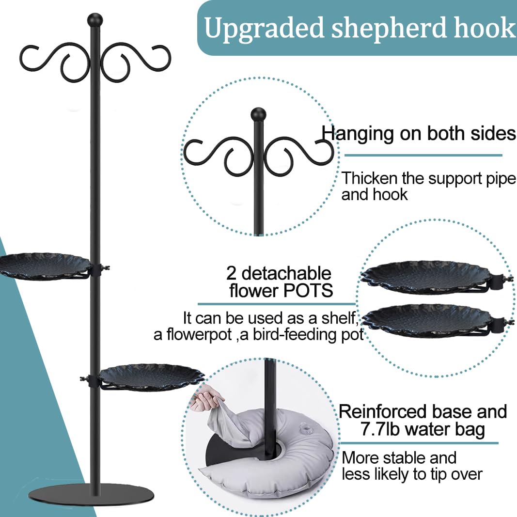 Upgraded 74" Shepherd's Hook for Bird Feeder，Floor Hanging Plant，Wind Chime Stand, Waterproof Metal & Adjustable-Height Standing Pole Holder for Lantern and Wreath, Indoor & Outdoor（2 Placement Racks)