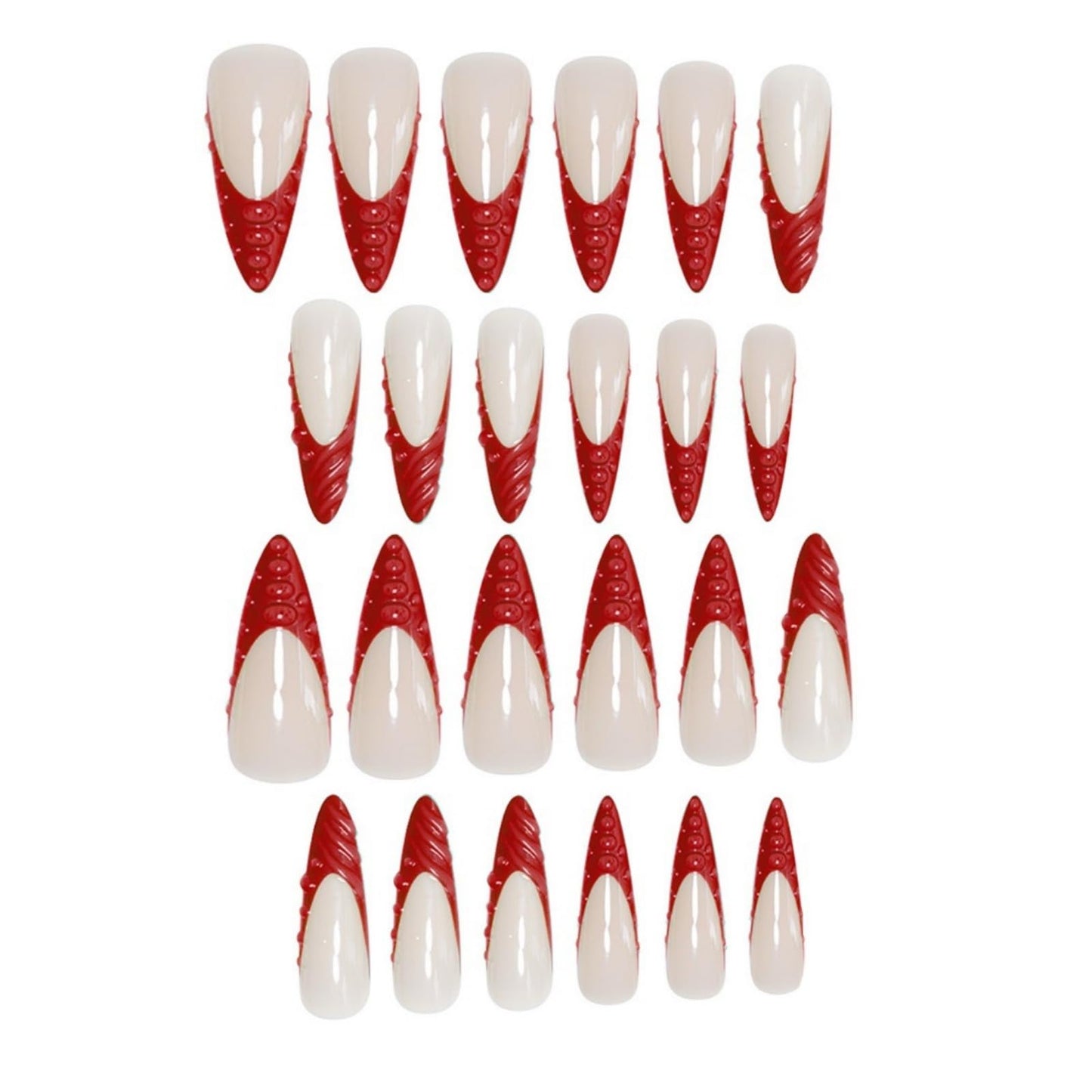 Long Press on Nails Stiletto Fake Nails Red French Artificial Nails with 3D Water Droplets Designs Extra Long Glossy Cute Stick on Nail for Women 24pcs