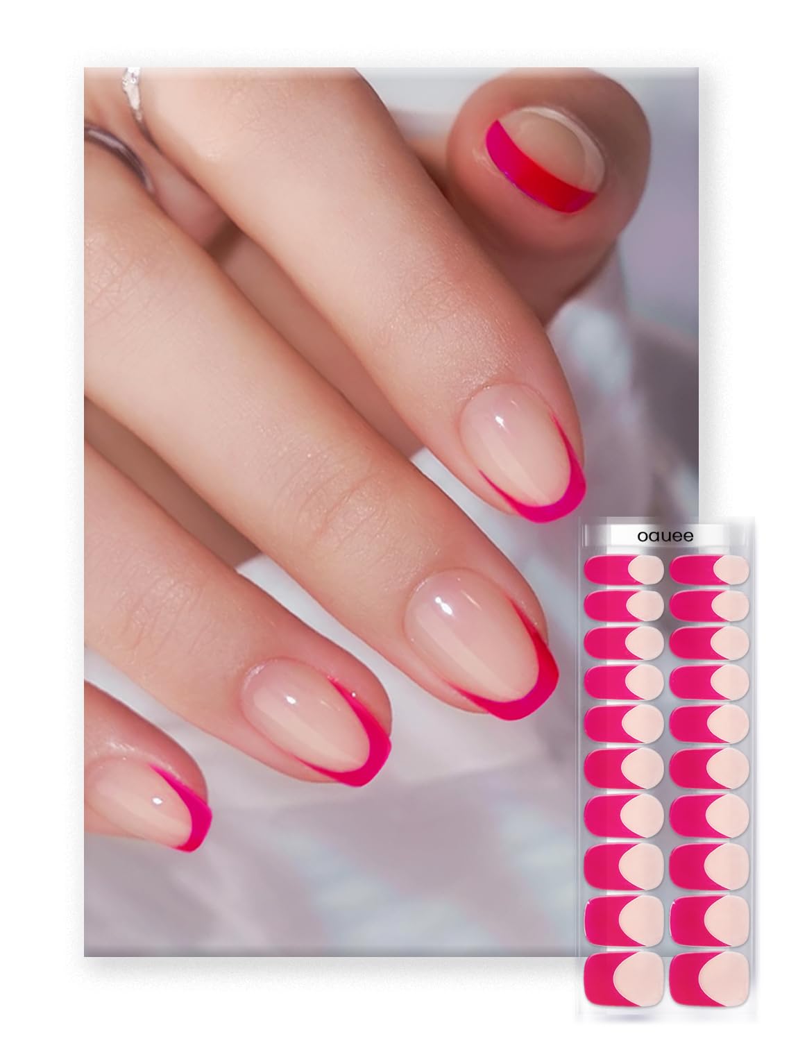 Oauee Semi Cured Gel Nail Strips | Built-In Gel Top Coat | UV Light Required | Salon Quality, Easy Application And Removal (Pink French)