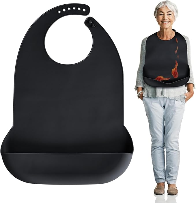 Adult Bibs for Men, Women, Elderly- Silicone Adult Bib for Eating - Washable Bibs with Crumb Catcher (Black)