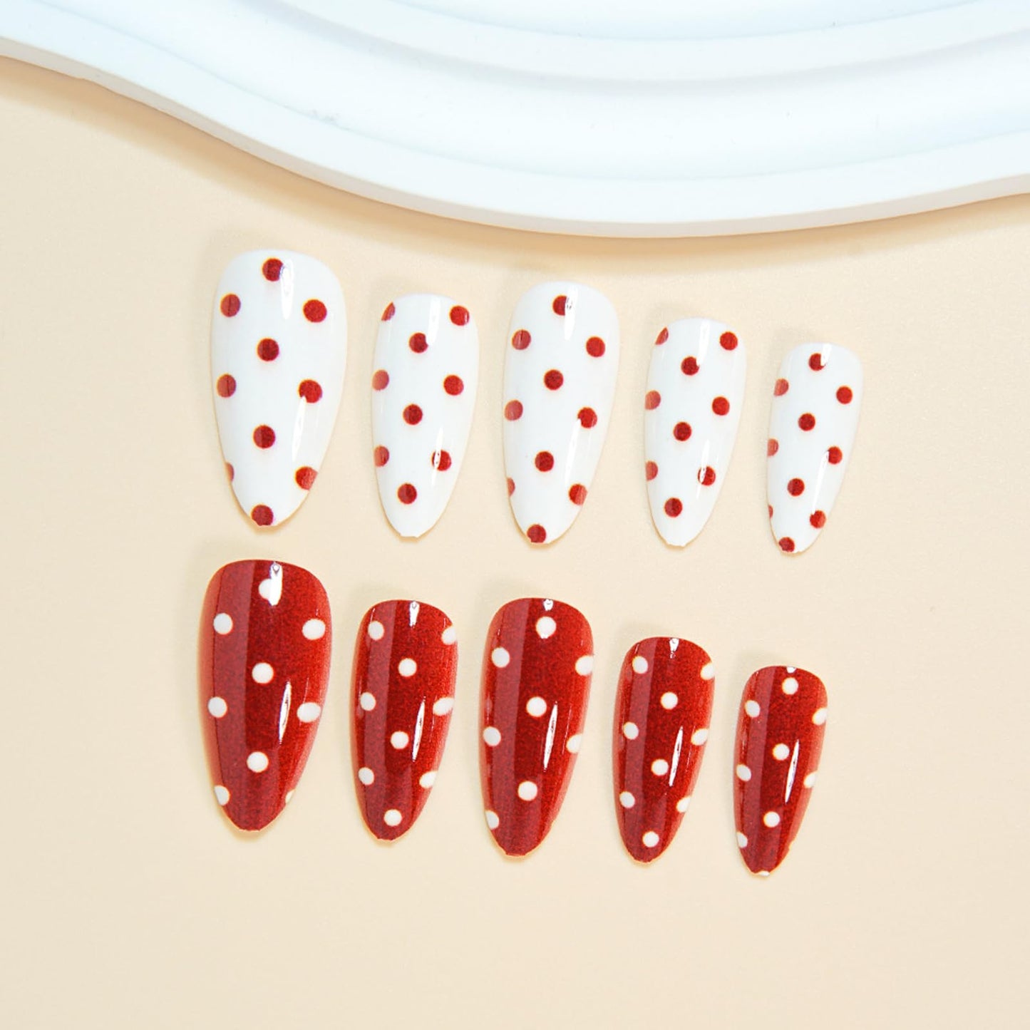 IMSOHOT Press on Nails Medium Almond Fake Nails Red White Polka Dot False Nails Glossy Artificial Handmade Acrylic Glue on Nails for Women Girls Manicure 24Pcs