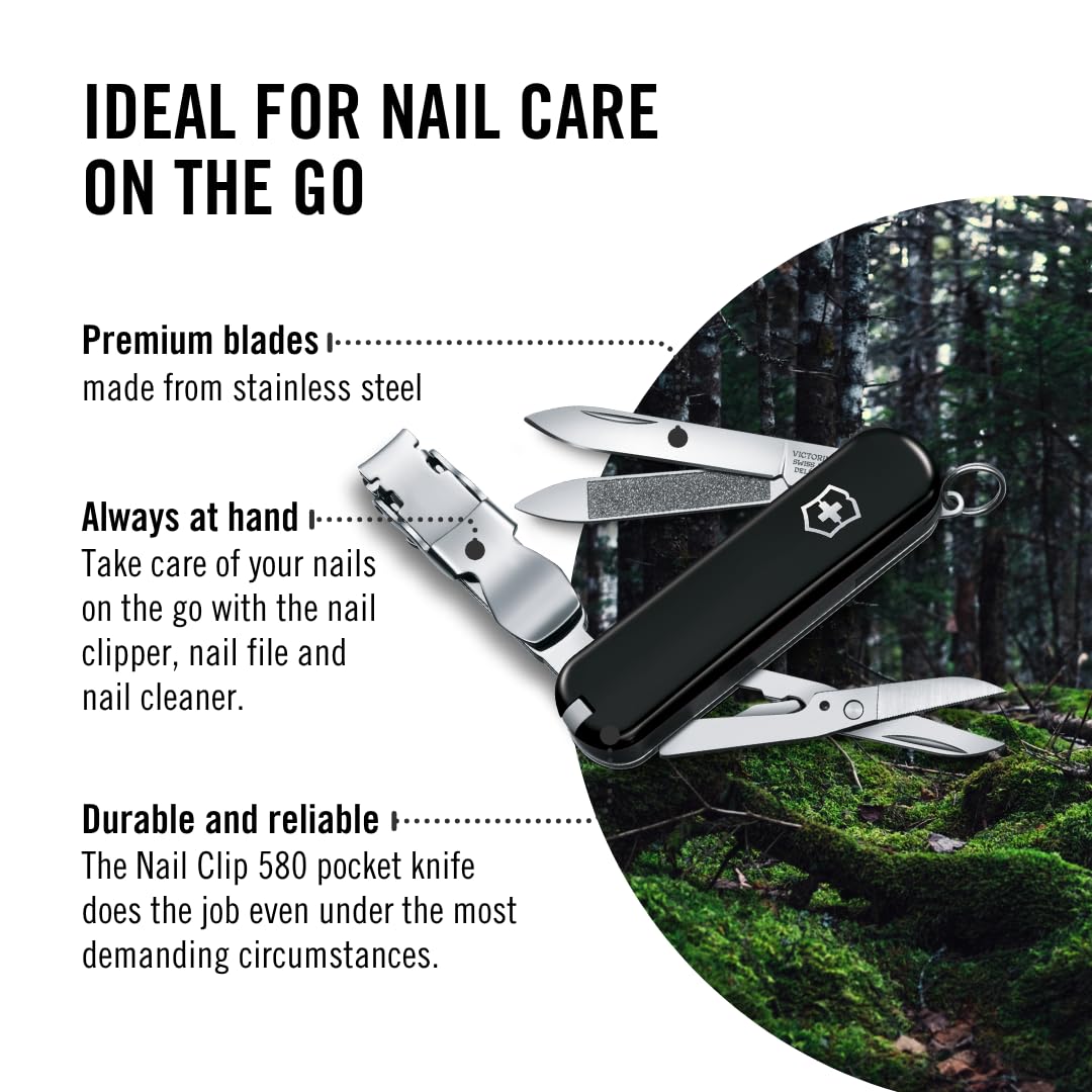 Victorinox Nail Clip 580, 8 Functions, Swiss Made Multi-Tool with Nail File, Nail Cleaner and Small Blade - Black
