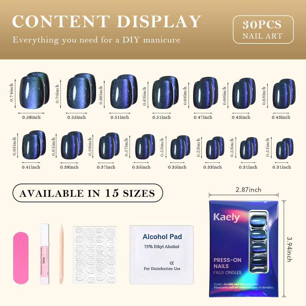 evpct Teal Blue Cat Eye Extra Short Square Press on Nails, Petite Short Square Stick on Nails for Women Gift, Holographic Glossy Fake Nail Reusable, Soft Press on Acrylic Nail with Designs