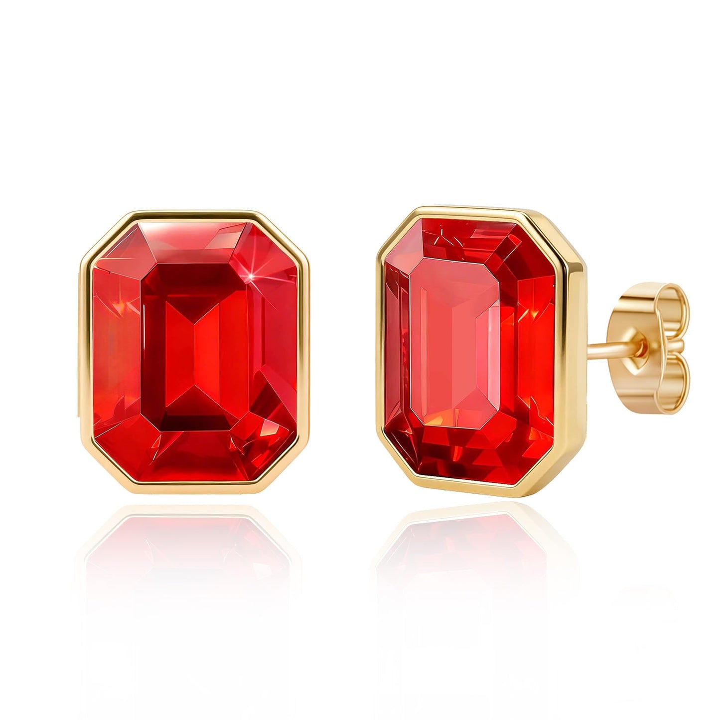 Austrian Crystal Octagon Stud Earrings for Women Fashion 925 Sterling Silver Post Hypoallergenic Jewelry (Red)