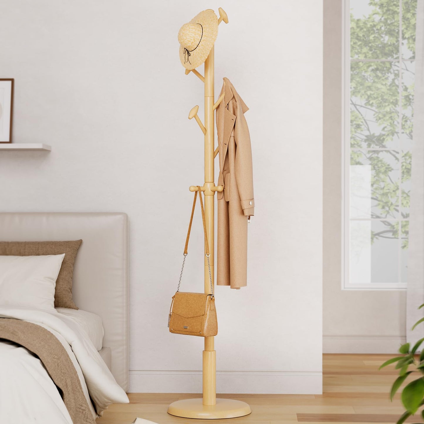 Taitiy Solid Wood Coat Rack Freestanding Coat Tree with 10 Hooks for Bedroom, Livingroom, Entryway, Sturdy Coat Hanger Stand for Hats, Coats, Scarves, Handbags, Purses