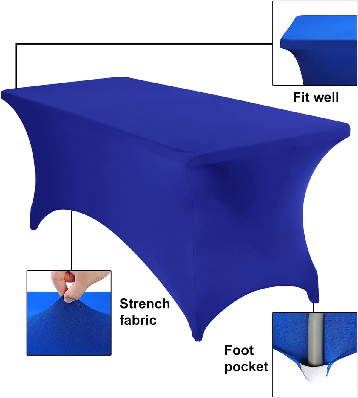 2Pack Spandex Waterproof Table Covers 6ft，Spandex 6ft Waterproof Table Cover for Party,Wedding, Banquet, and Events(Royal Blue)