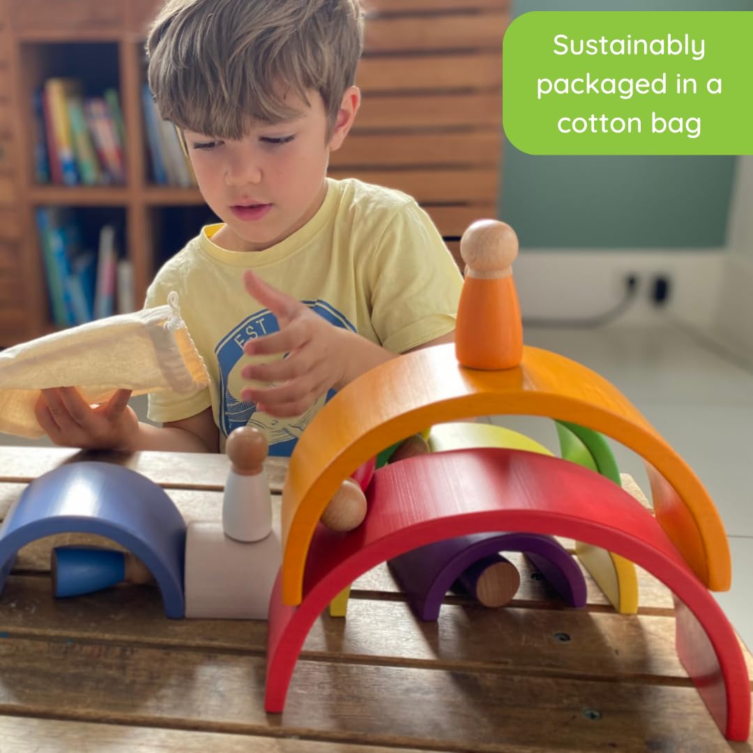 Montessori Wooden Rainbow Nesting Toy: Open-Ended Wooden Stacking Set with Arches, Peg Dolls & Story Book for Emotional Intelligence & Creative Play | Ages 3+ | 16 pcs | Premium Beechwood
