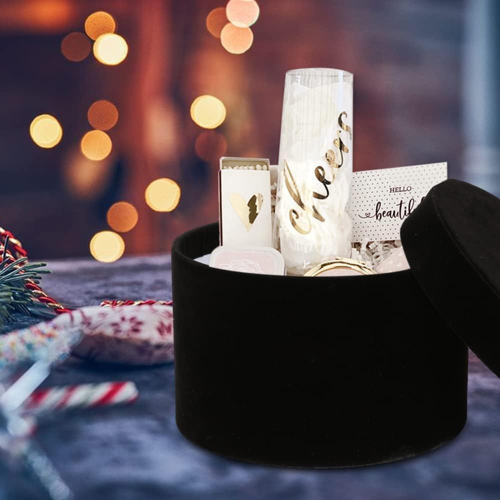 GnFlus Black Gift Boxes with Lids for Presents Set of 4 Round Velvet Nesting Gifts Box for Arrangements Flowers Wedding Birthday Mothers Valentines Day Bridesmaid Christmas Party Anniversary