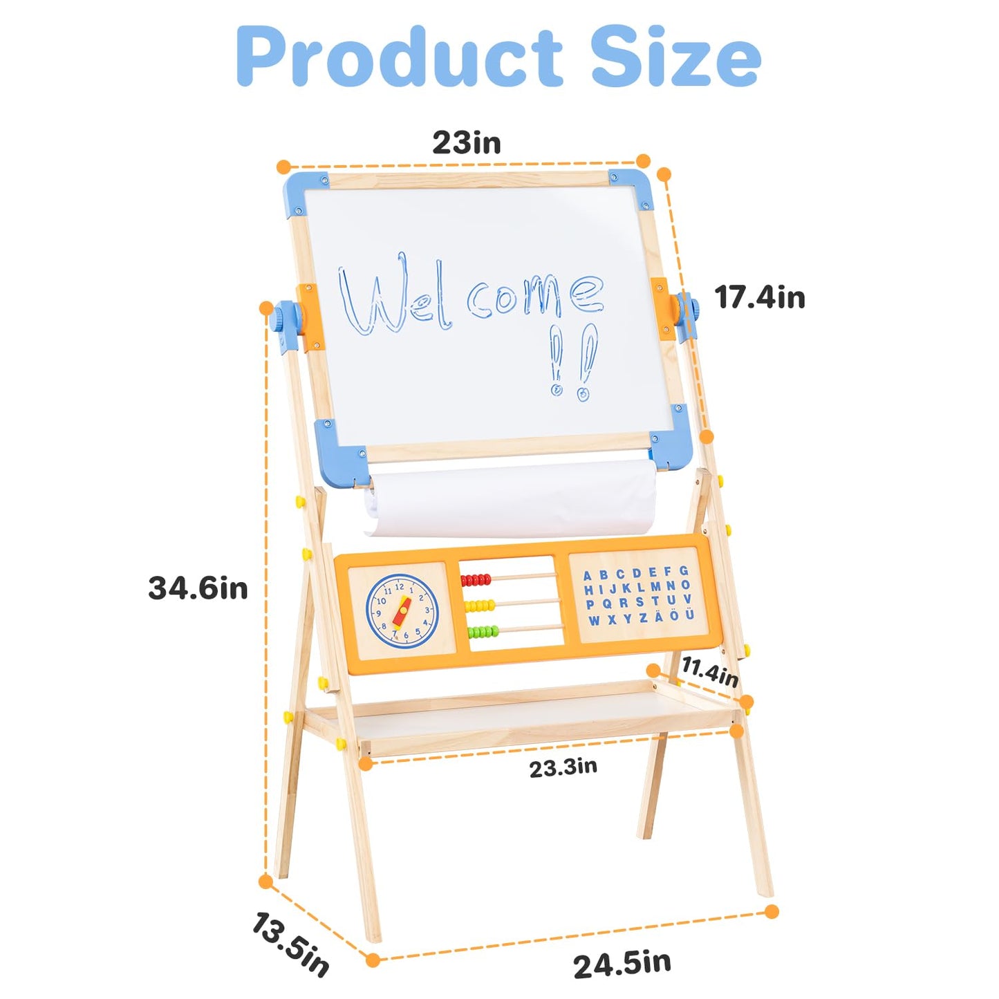 Asweets 3 in 1 Kids Art Easel, Magnetic Whiteboard/Chalkboard with Drawing Paper Roll, Abacus/Clock/Alphabet Chart - Educational Toy for Toddlers Preschoolers (3-8)