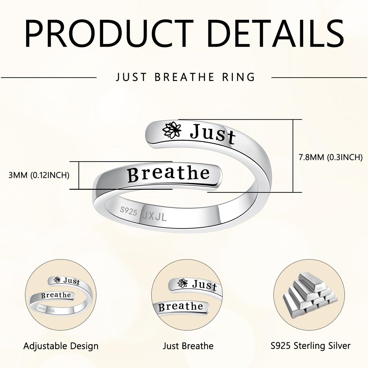 Silver Adjustable Ring Inspirational Jewelry S925 Sterling Wrap Open Ring for Women (Just Breathe)