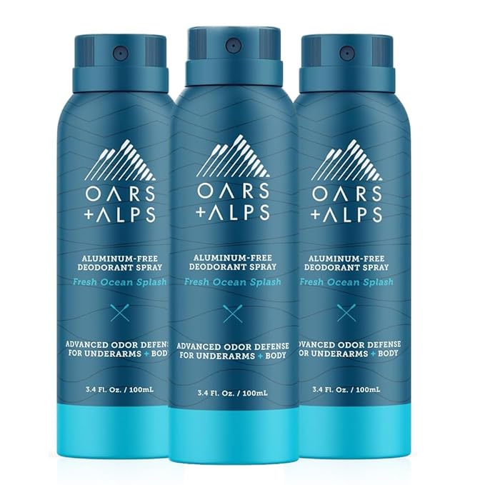 Oars + Alps Spray Deodorant for Men and Women, Aluminum Free Deodorant and Full Body Spray, Fresh Ocean Splash, 3 Pack