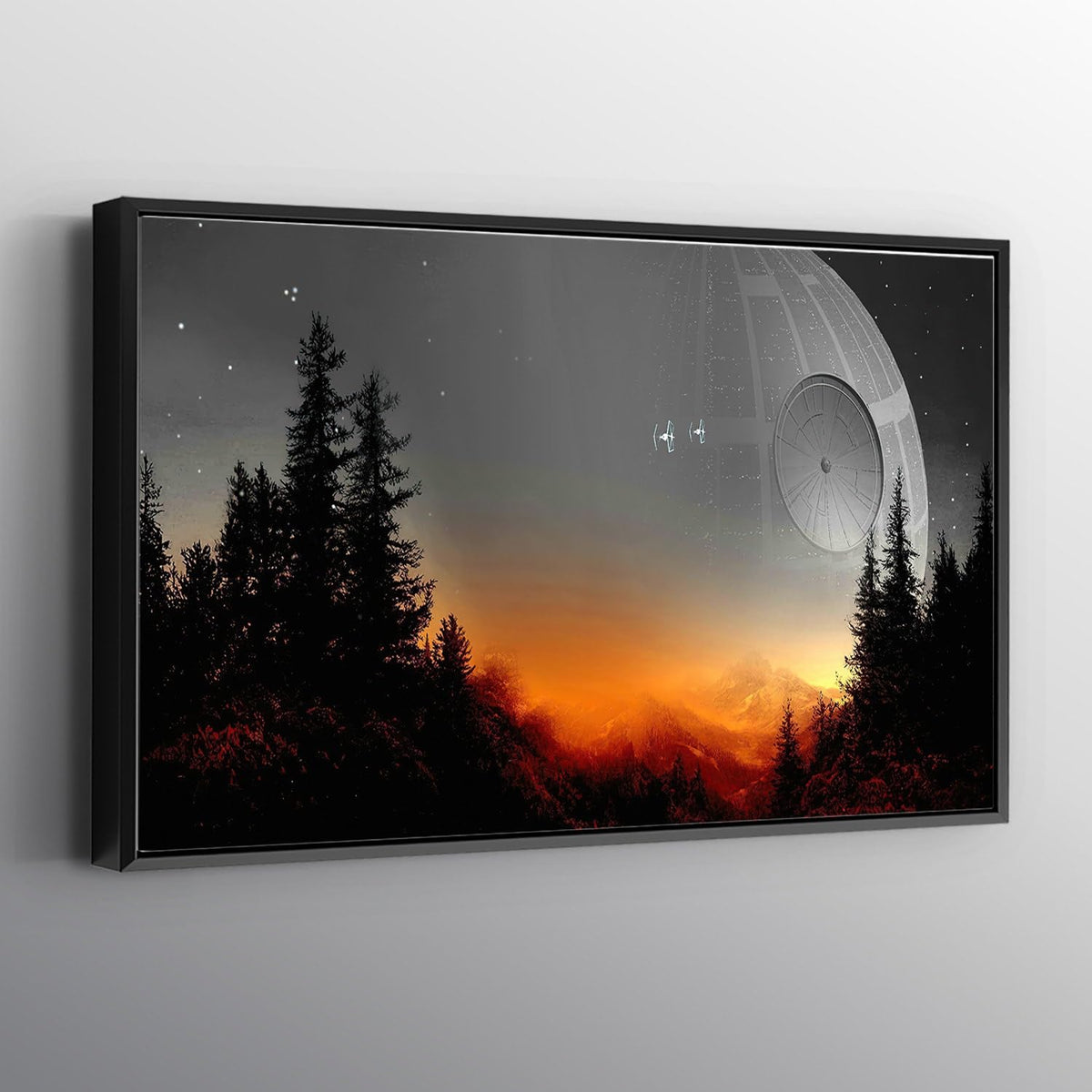 Death Star Inspired Canvas Print Wall Art | Futuristic Space Station Artwork | Smooth Surface Home Decor – Various Sizes (12in x 8in Modern Black Framed)