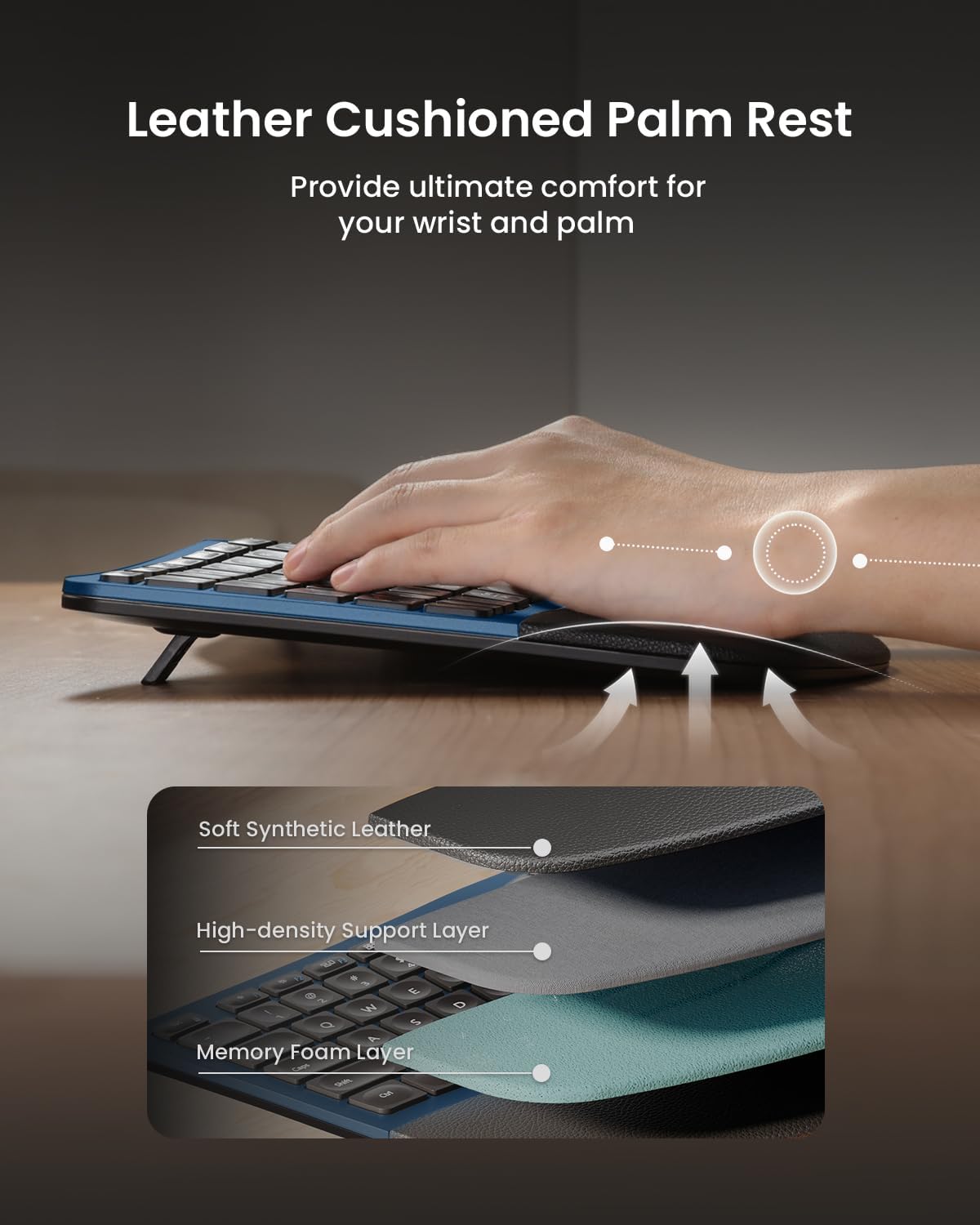 ProtoArc Ergonomic Wireless Keyboard Mouse, EKM01 Plus Full Size Ergo Bluetooth Keyboard Mouse Combo, Split Design, Wrist Rest, Multi-Device, Rechargeable, for Windows/Mac OS - Blue
