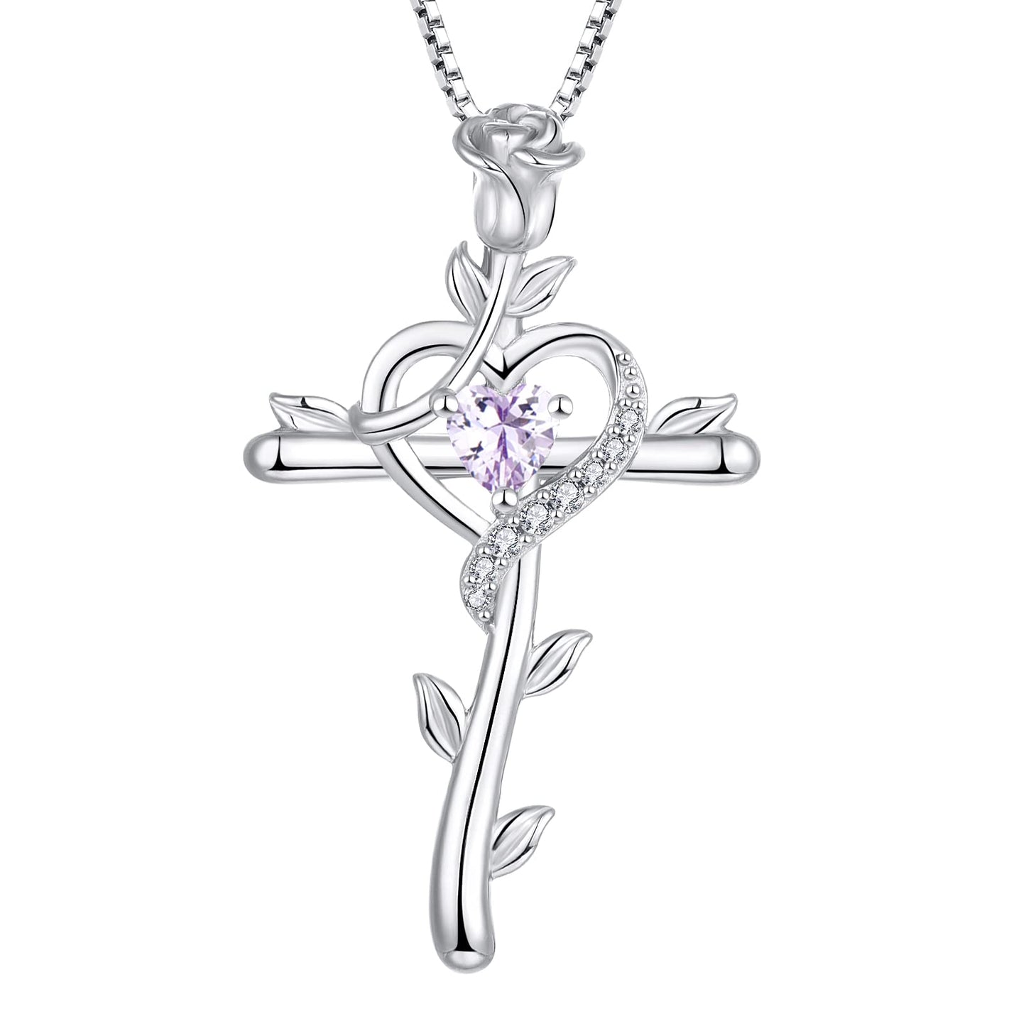 STARCHENIE Rose Cross Necklace 925 Sterling Silver Heart Crucifix Pendant Created Alexandrite Jewelry for Women