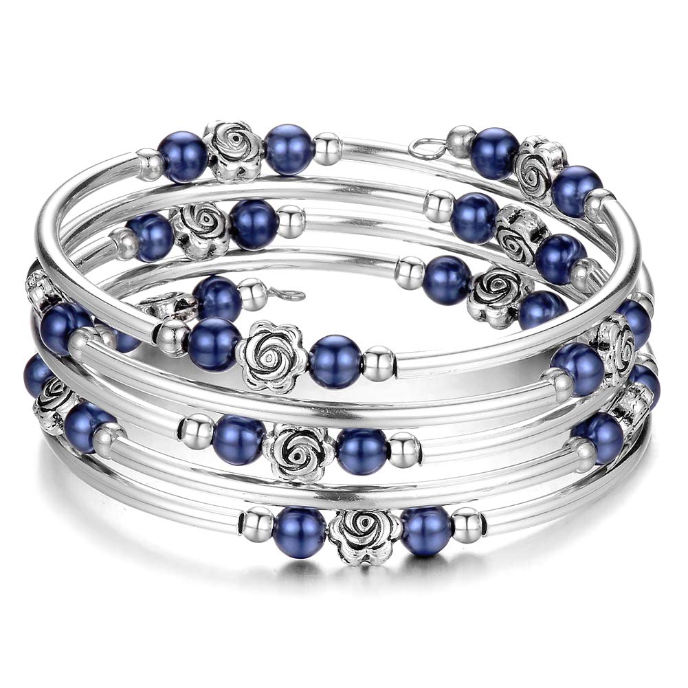 BULINLIN Wrap Bangle Rose Bead Bracelet - Beaded Bracelet with Natural Agate Stone Gifts For Women(01-Navy blue pearl)