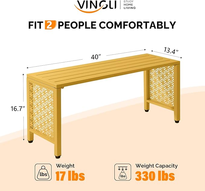 VINGLI 40in Outdoor Metal Bench, All-Weathe Backless Patio Bench with Slatted Seat＆Floral Side Panels, Rust-Resistant Garden Bench, Weatherproof Outdoor Seating for Porch Entryway Backyard (Yellow)