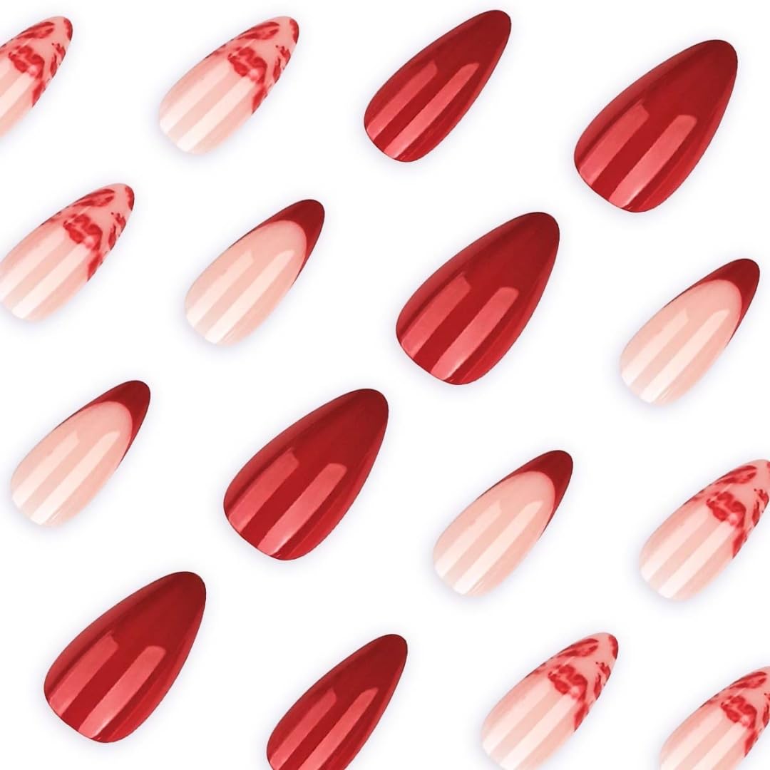 Valentine's Day Press on Nails Medium Almond Fake Nails Red French Tip False Nails with Lips Design Glue on Nail Full Cover Artificial Acrylic Stick on Nail for Women Manicure 24Pcs