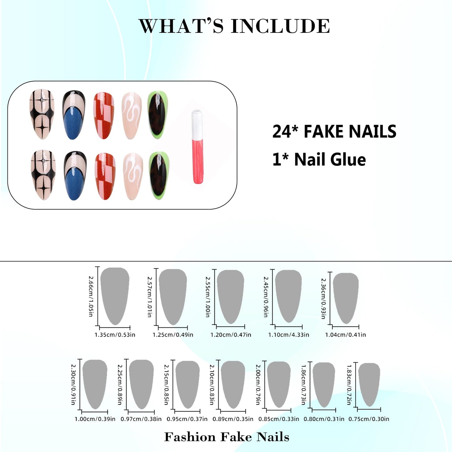 IMRAIN Press on Nails Medium Almond Fake Nails Glossy Glue on Nails Full Cover Black Blue Acrylic False Nails Stick on Nails for Women 24Pcs