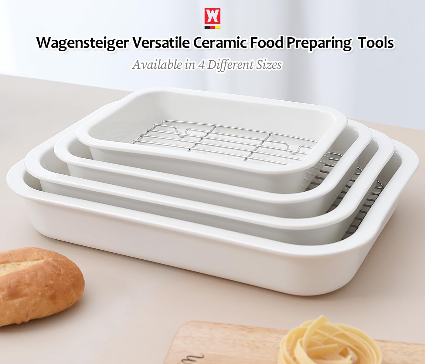 Wagensteiger Ceramic Roasting Pan, Baking Dish with Stainless Steel Rack, Non Stick Chicken Roaster Pan, Microwave or Conventional Oven Cooking, Food Prep Tools, White Color (White, 2.94 Quarts)
