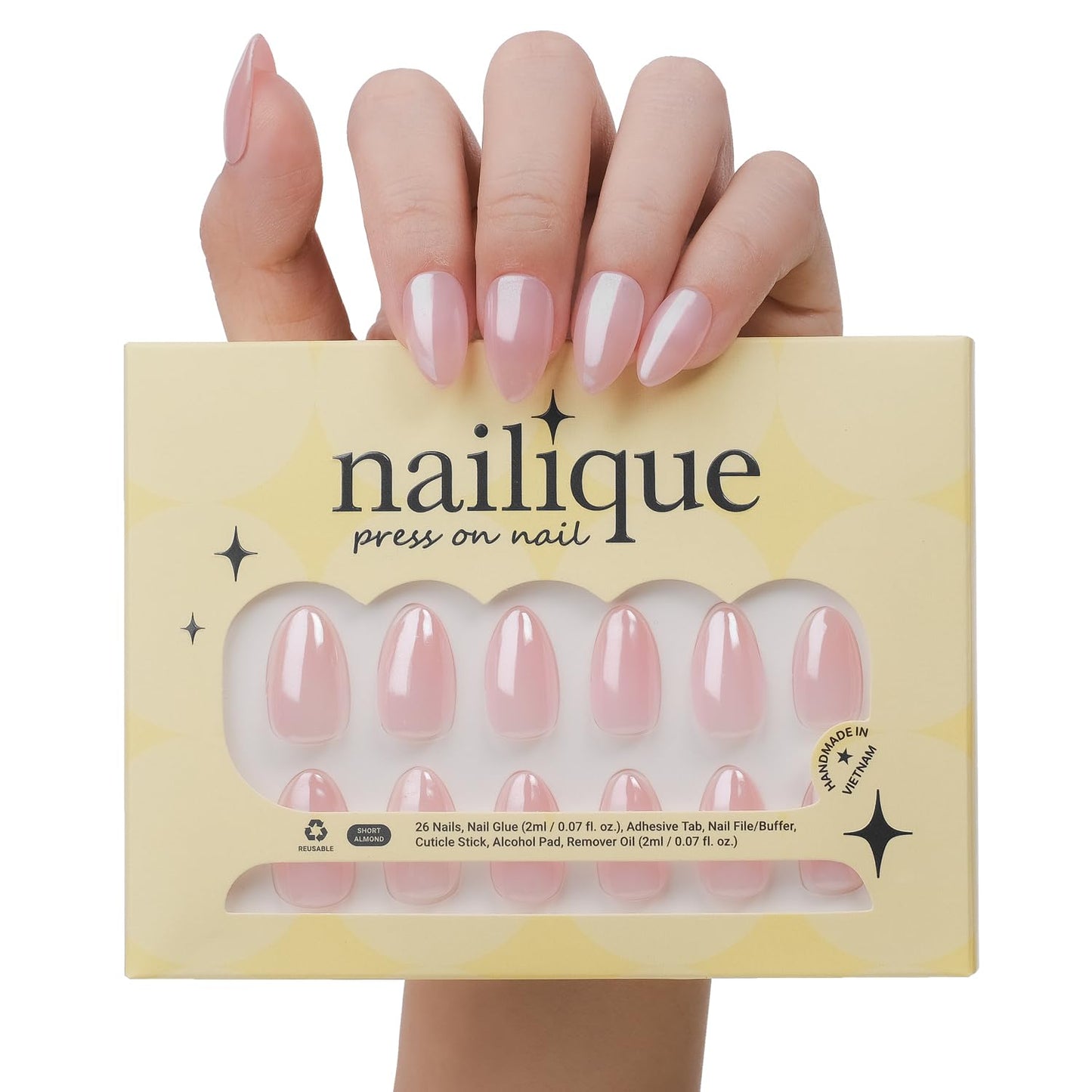 Nailique Press On Nails Short Almond – Handmade Chrome Glazed Donut Soft Gel Ombre Nude Pink, 26pcs Reusable Nail Tips with Glue & Remover, Salon Quality Valentine Bridal Wedding Manicure