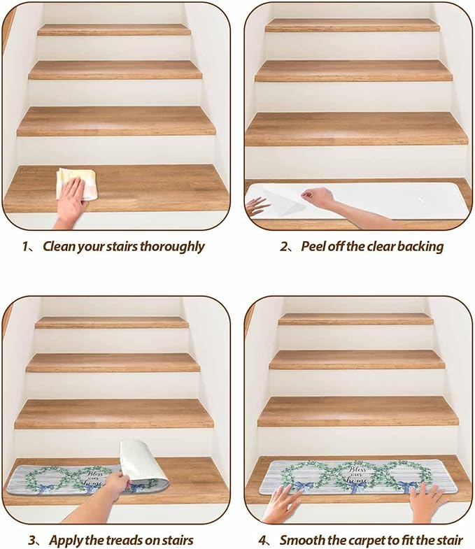 Spring Stair Treads Non Slip for Wooden Steps Eucalyptus Leaves Garland Bless Our Home Wood Grain Stair Runner Carpet Reusable Adhesive Staircase Rugs for Dogs, Elders and Pets, 8x30 Inch, 15PCS