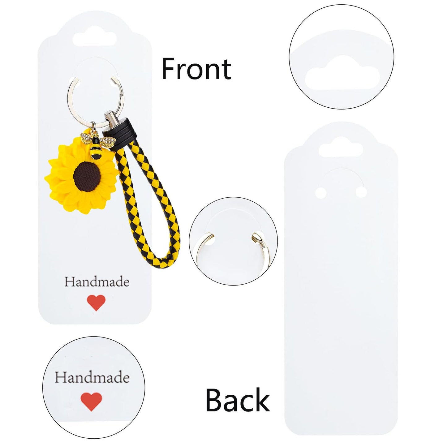 100PCS Keychain Display Cards with Clear Bags, 2.16'' x 6'' Handmade with Love Kraft Paper Jewelry Cards for Small Business Selling, Bulk Keychains Packaging Supplies (White)