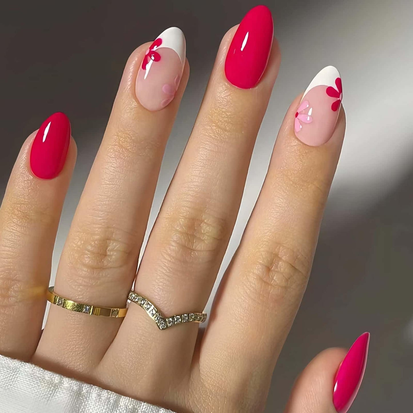 French Press on Nails Removable Almond Short Glue on Nails Rose Red Full Coverage False Nails with Designs Flower Easy to Use For Daily and Party Stick on Nails 24 Pcs