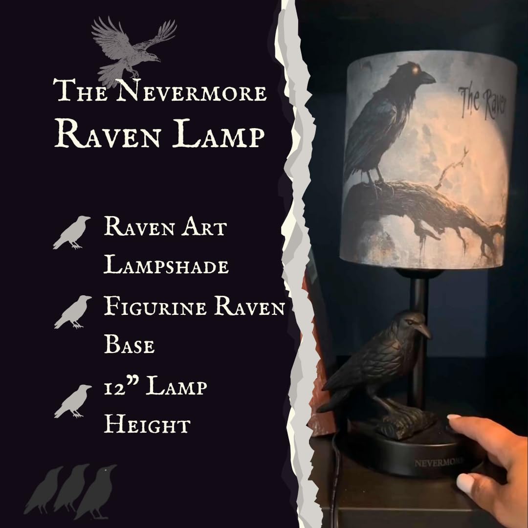 Raven and Crow Table Lamp - Valentines Goth Themed Gifts Lamp – Gothic Desk Lamp with LED Bulb – Nevermore Inspired Edgar Allan Poe Gift for Library or Bedroom - Dark Academia, Witchy, Viking Decor