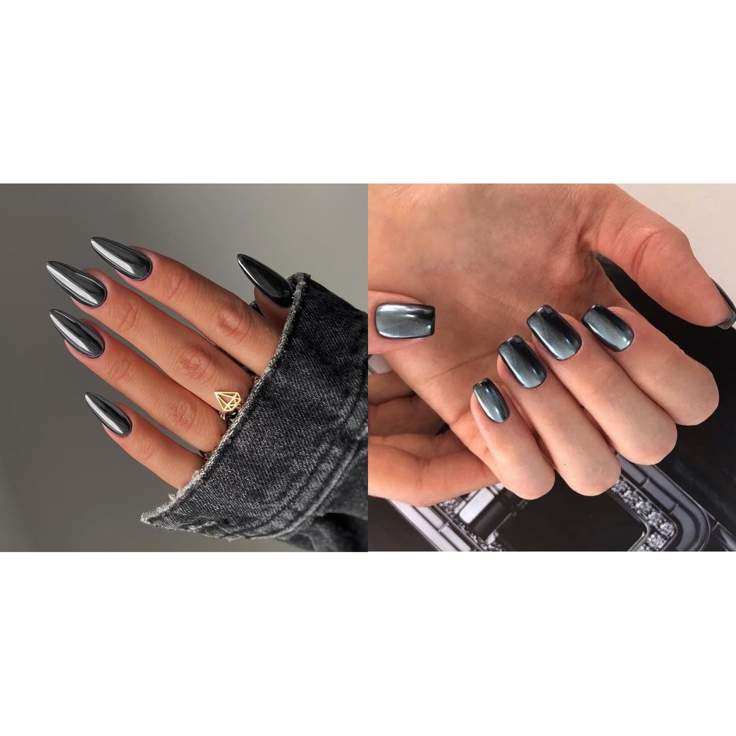 KQueenest Smoky Grey Press on Nails Medium Almond&Black Chrome Press on Nails Short Medium Square For Beach Party Daily Decoration in 48 PCS