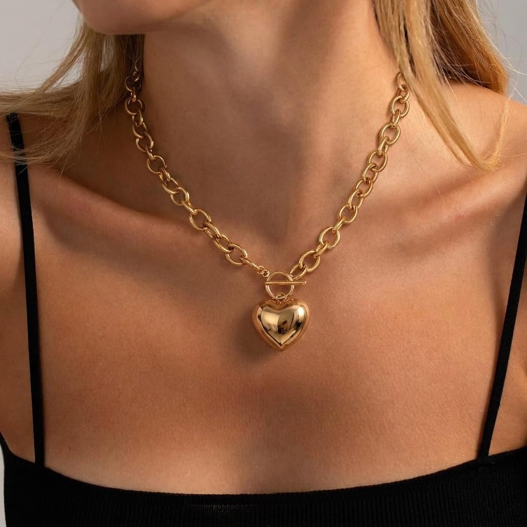 Freekiss Chunky Paperclip Necklace with Heart Pendant - 14K Gold Plated Trendy Toggle Choker for Women, Hypoallergenic Dainty Jewelry Gift for Her