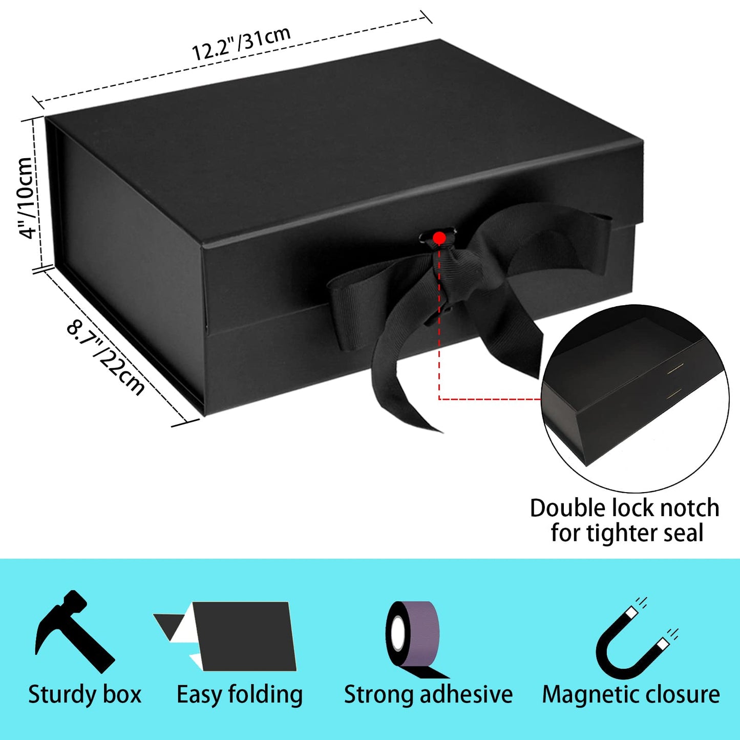 RUIFYRAY Large Black Luxury Magnetic Gift Box with Lid, Ribbons and Gift Bag, 12.2x8.7x4 Inches, Great for Christmas, New Year, Wedding, Birthdays, Man