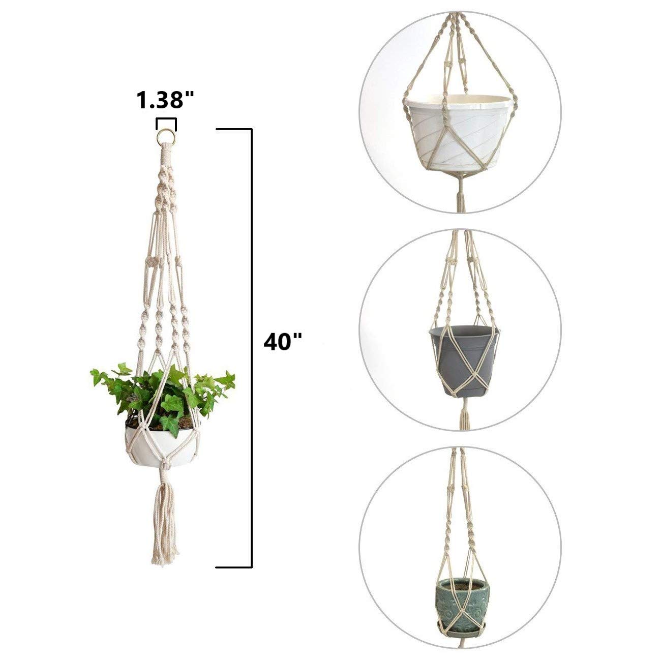 Onwon Macrame Plant Hanger Basket Liners Cotton Rope 40 inch 4 Legs, Elegant for Home Garden, Patio and Office, Indoor & Outdoor Decoration (4 Packs)